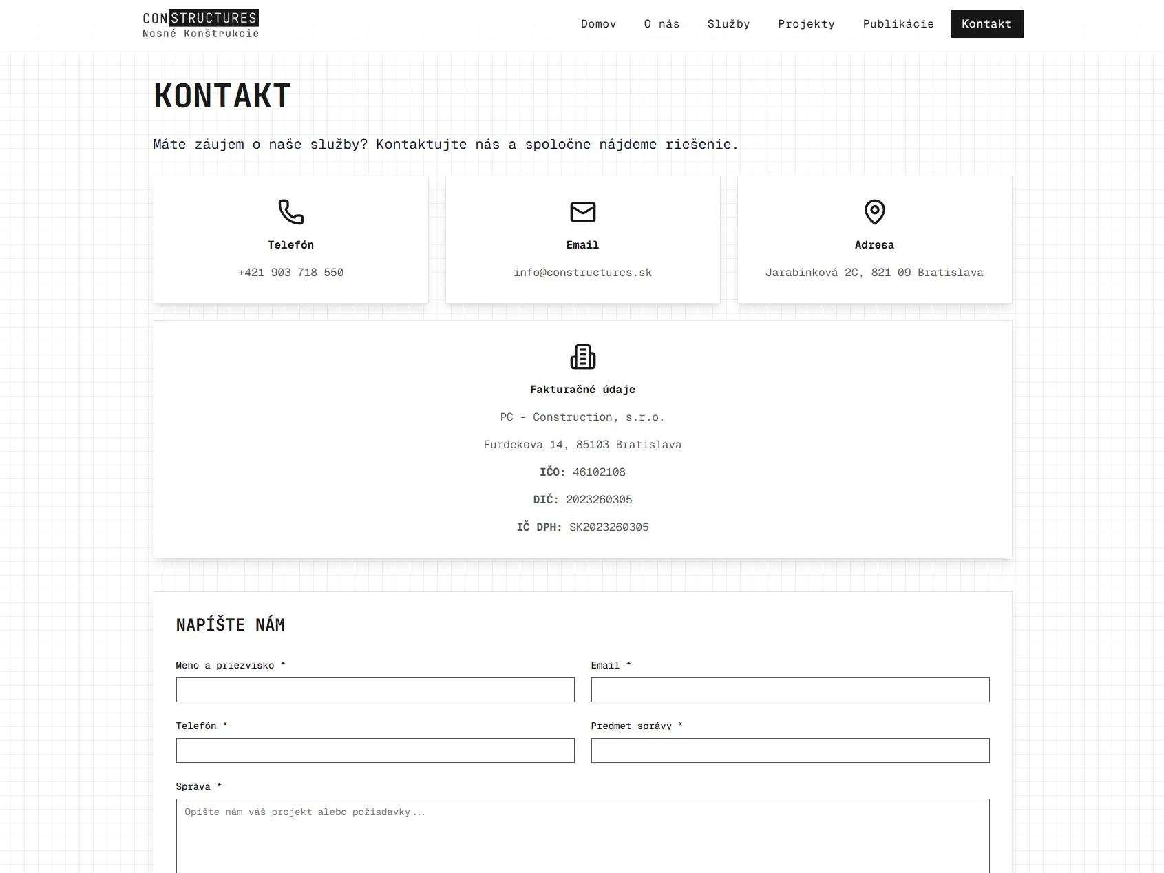 Kontaktná stránka Constructures