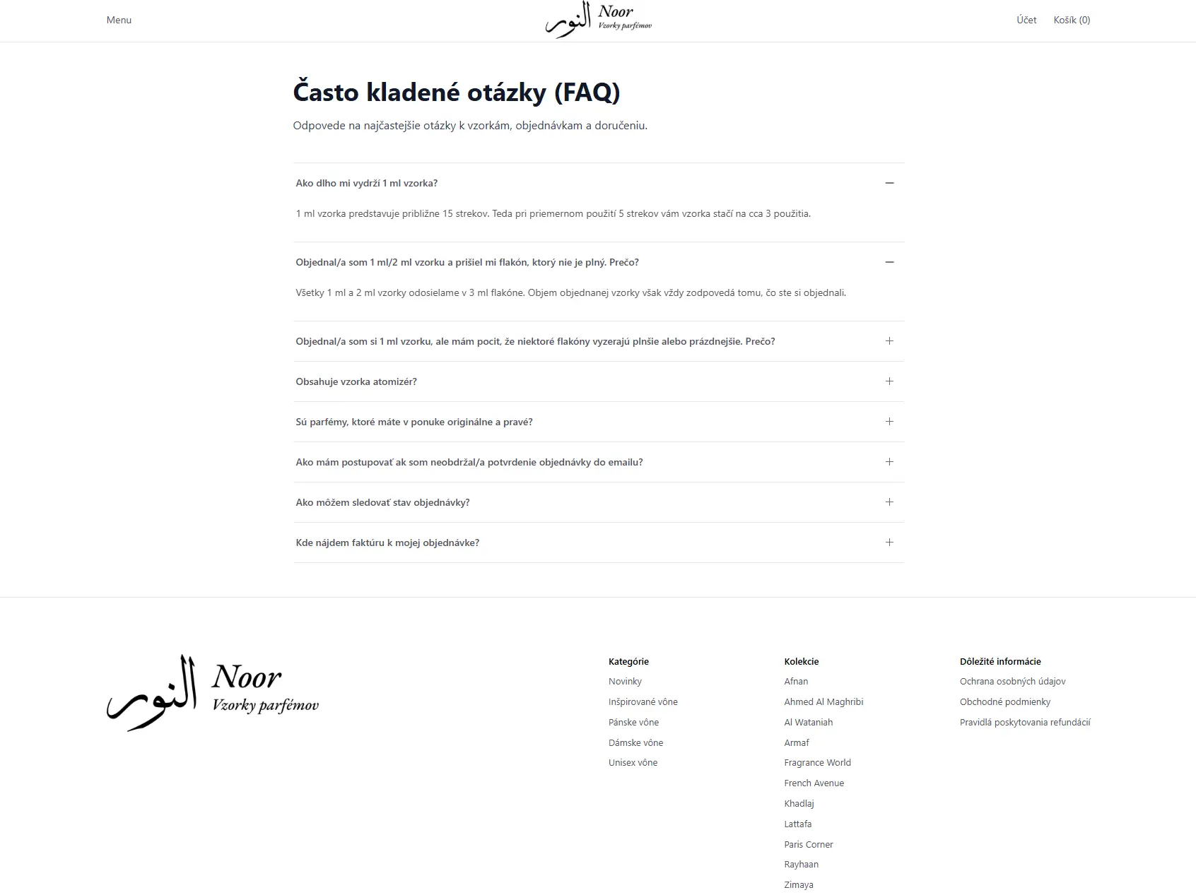 FAQ stránka e-shopu Vzorky Parfémov